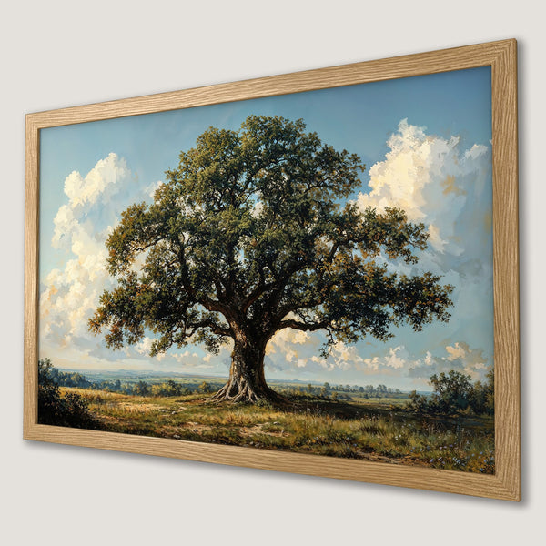 Framed Poster of a majestic oak tree in a landscape, painted in a classic style with a blue, green, and brown color palette.