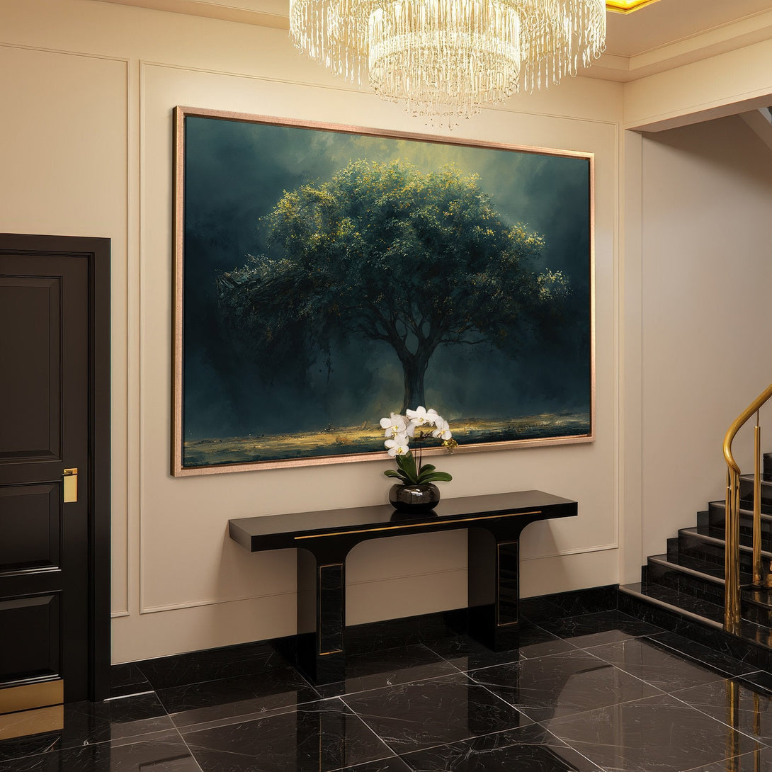 Framed Wall Art of a majestic tree in a moody, dark green and gold color palette, perfect for adding elegance to any space.