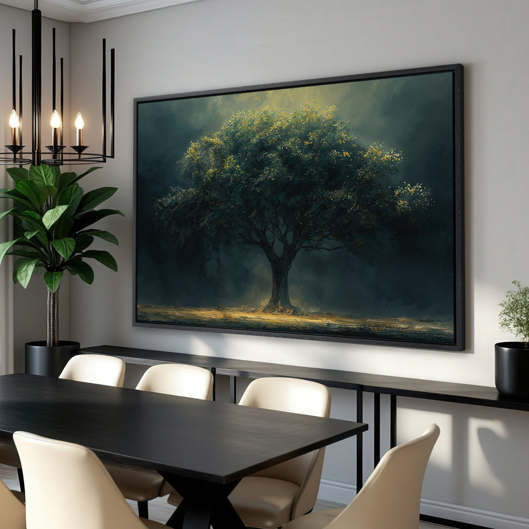 Framed Wall Art: Dramatic tree art in a dark, moody style. Featuring a dark green and gold color palette, this canvas print adds elegance to any space.