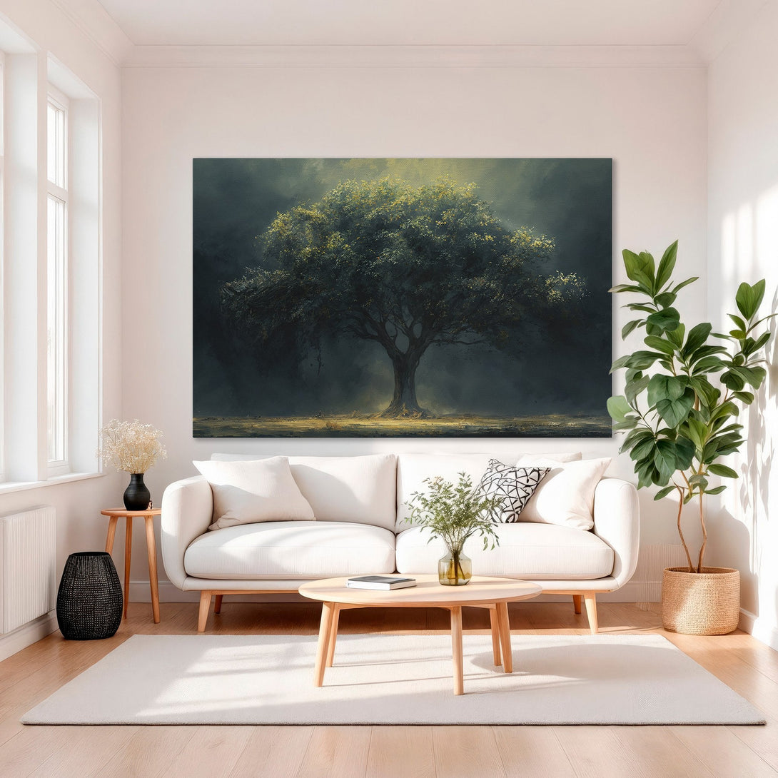 Framed Wall Art: Majestic tree painting with gold frame. Dark, moody style with gold, green, and neutral tones. Perfect for living room decor.