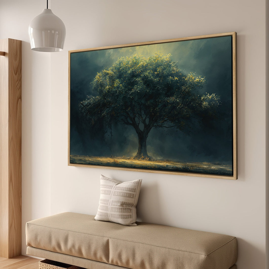 Framed Wall Art: Majestic tree painting in moody blues & golds. Enhance your space with this stunning canvas print. Modern art for any room.