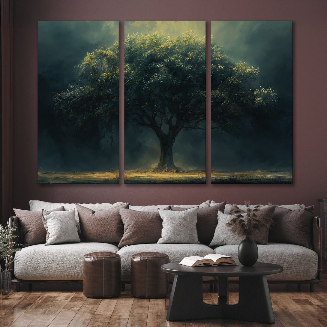 Canvas Print of a majestic tree in moody, dark green and gold tones. Adds dramatic flair to any living room.