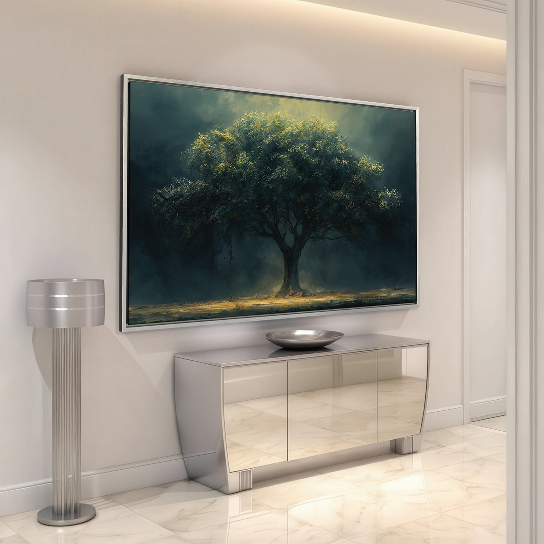 Framed Wall Art: Majestic tree painting in a dark, moody style with green and gold hues. Enhance your home decor with this stunning Canvas Print!