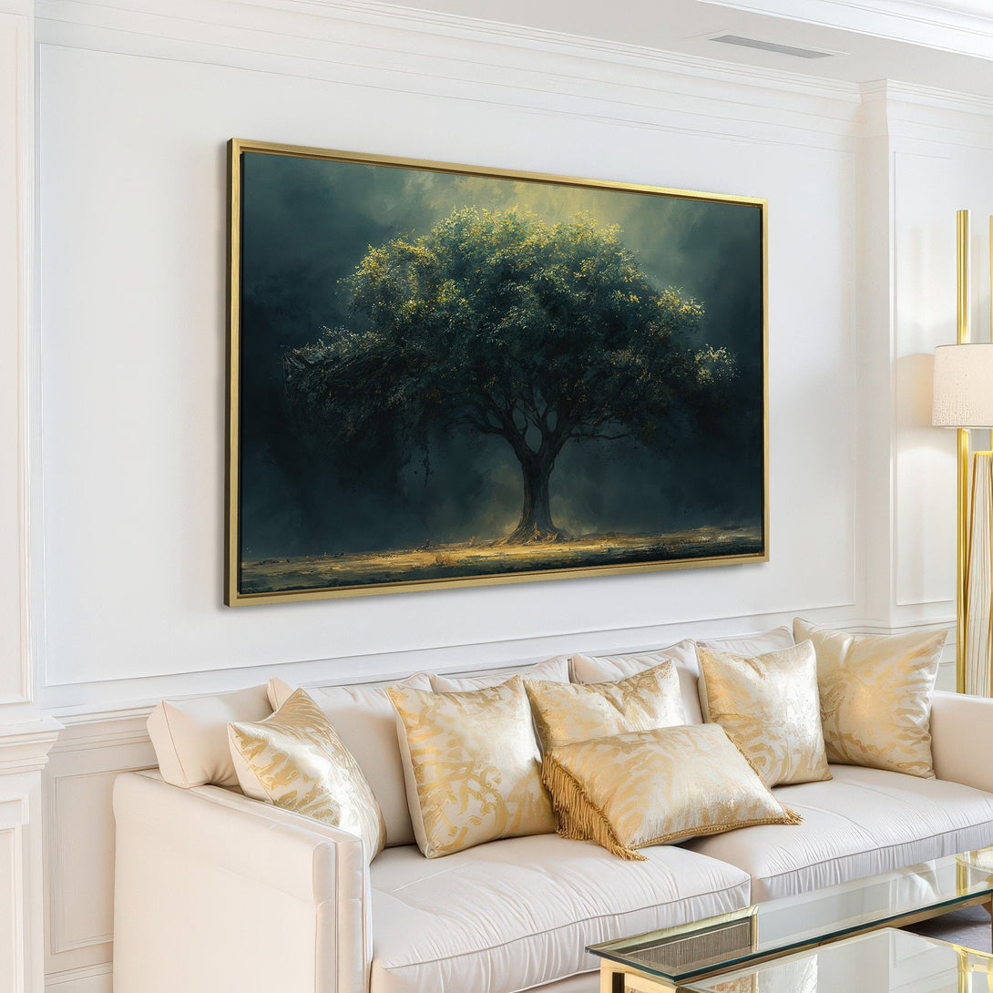 Canvas Print of a majestic tree in a moody, dark green and gold color palette. Perfect for adding a touch of nature to your home decor.