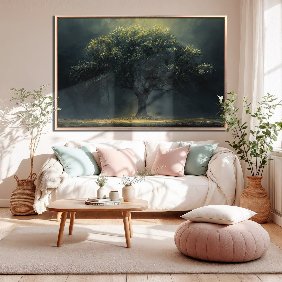Framed Wall Art: Dramatic tree painting in a moody, dark green and gold palette. Perfect for adding a touch of nature to your living room decor.