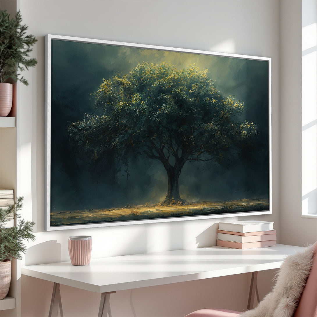 Framed Wall Art of a majestic tree in a moody, painterly style. Dark green and gold hues create a stunning focal point for any space.