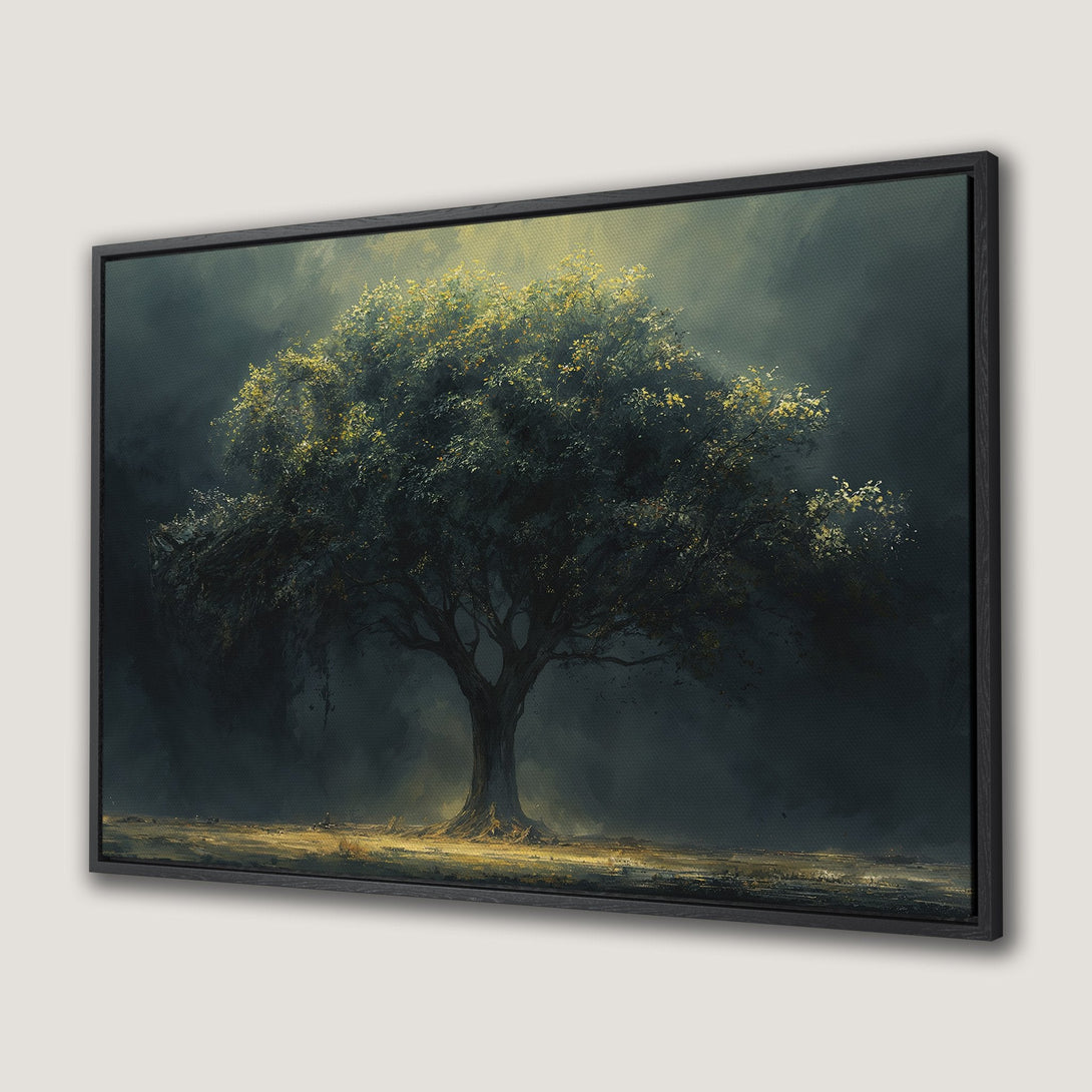 Framed Wall Art Canvas Print featuring a dramatic tree painting in dark green and gold tones, perfect for adding artistic flair to your home decor.