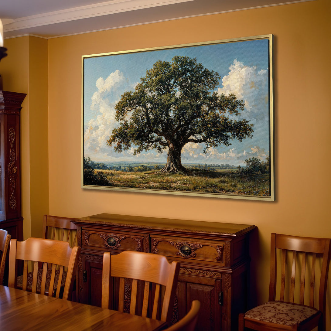 Canvas Print of a majestic tree in a landscape, displayed in a cozy living room. Warm, neutral color palette, perfect for adding a touch of nature.