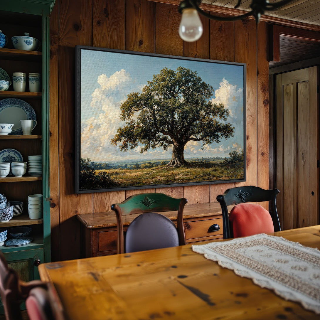 Framed Wall Art: Majestic tree landscape Canvas Print in warm earth tones and blue sky, perfect for rustic home decor.