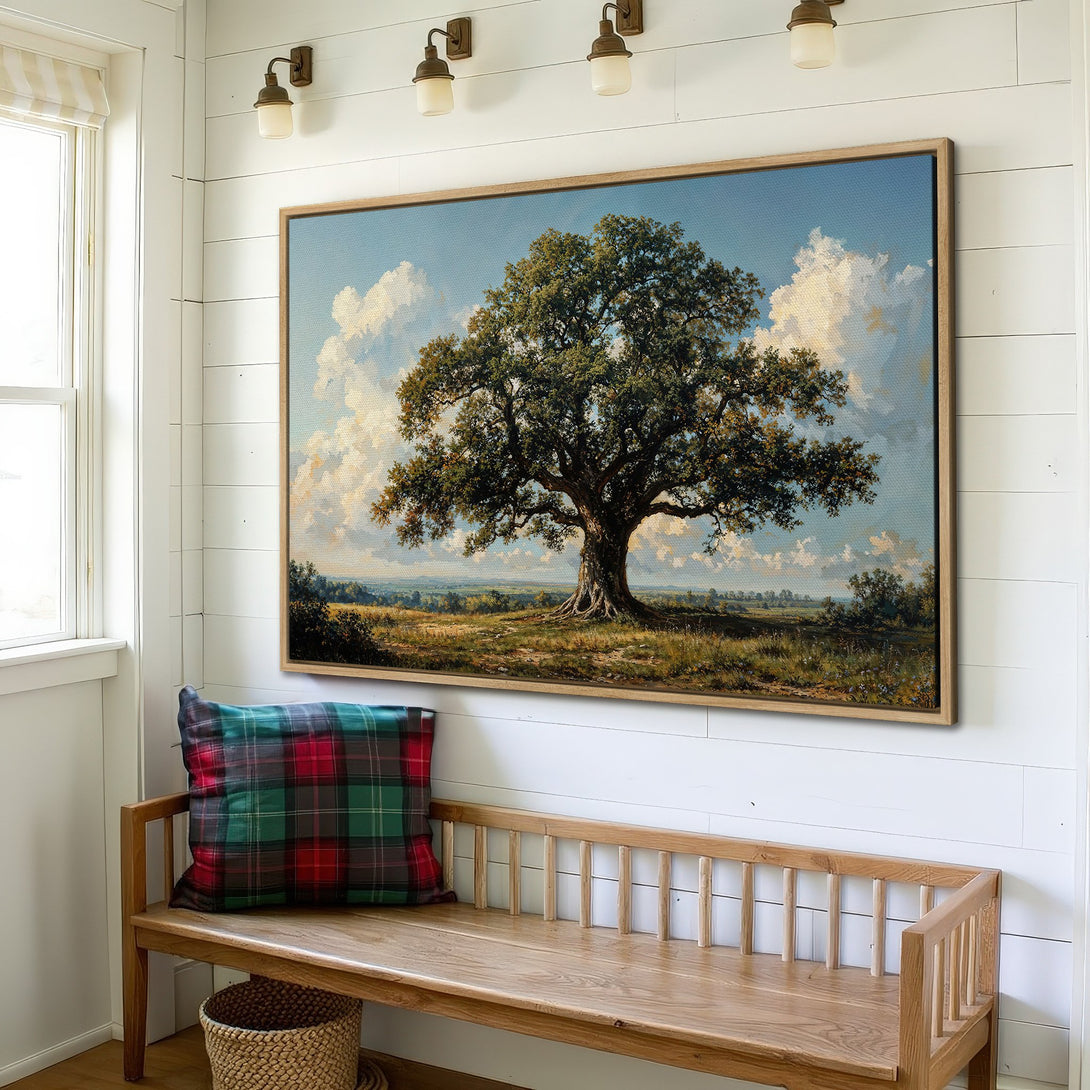 Framed Wall Art: Majestic tree landscape canvas print. Classic, pastoral style with blue, green, and brown tones. Perfect for adding a touch of nature to your home.