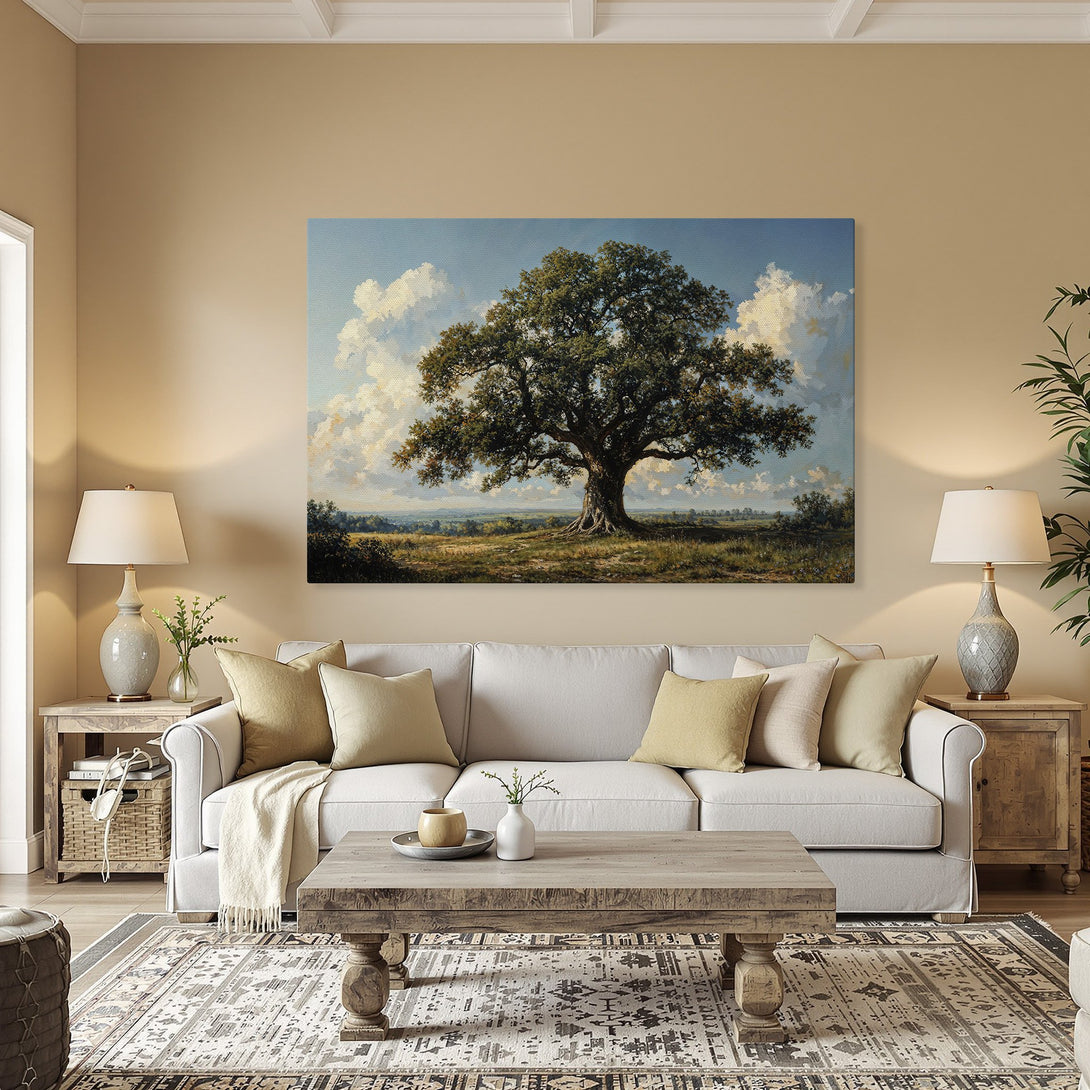 Framed Wall Art: Majestic tree landscape canvas print in a warm color palette, perfect for adding natural beauty to your home decor.
