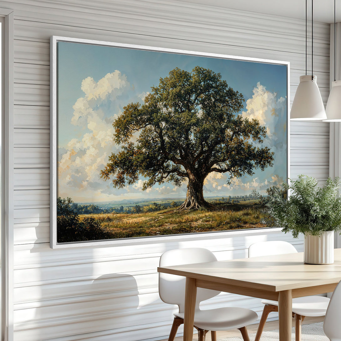 Framed Wall Art featuring a majestic tree landscape painting in a classic style with a serene blue, green, and gold color palette. Perfect for any home!