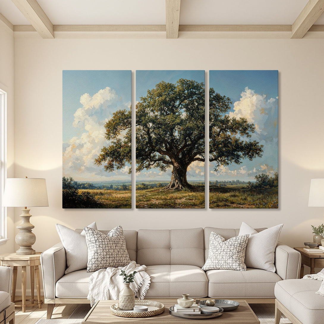 Canvas Print of a majestic tree, displayed in a cozy living room. Classic landscape art with a calming blue, green, and beige palette. Elevate your home decor!