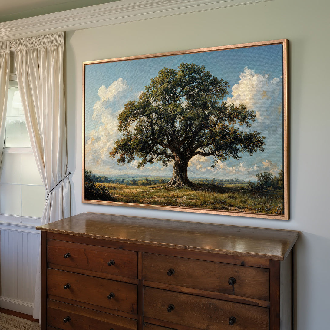 Framed Wall Art: Majestic tree landscape canvas print in warm earth tones. Bring nature's beauty indoors with this classic, timeless artwork.