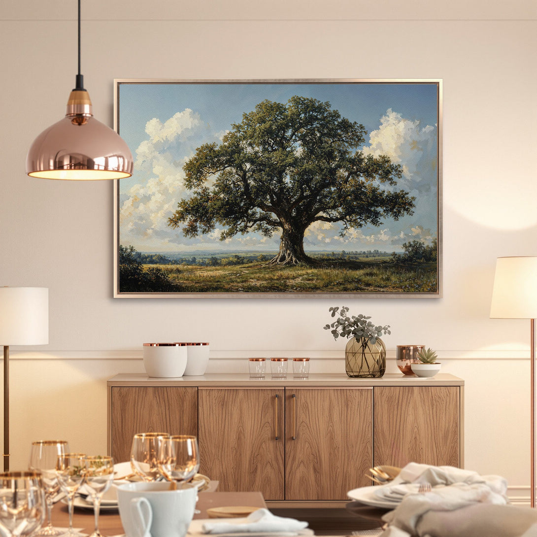 Framed Wall Art: Classic landscape painting of a majestic oak tree. Earthy tones and blue sky create a serene, timeless aesthetic. Perfect for any home.