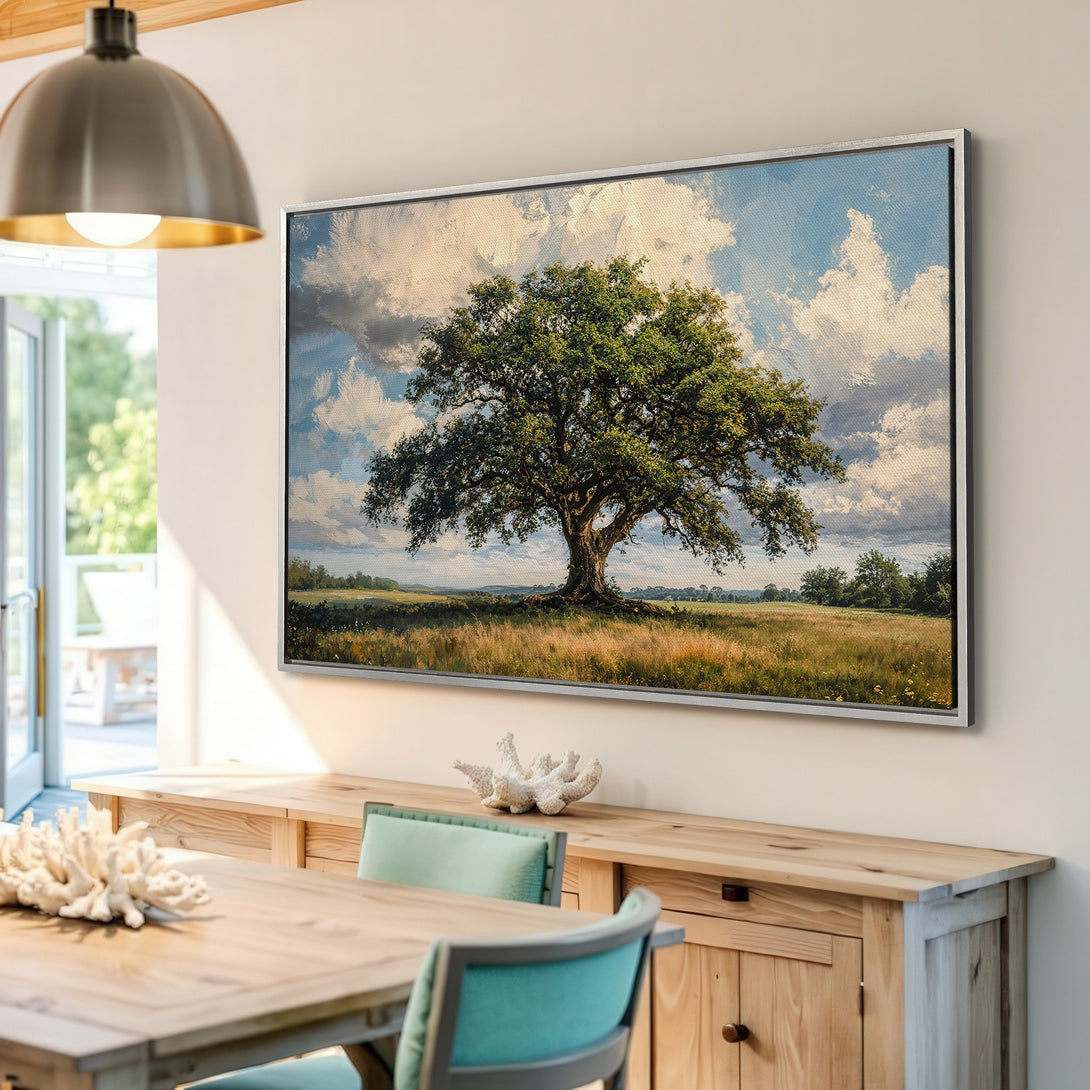 Framed Wall Art: Majestic tree landscape canvas print, featuring a vibrant green and blue color palette, perfect for adding natural beauty to your home.