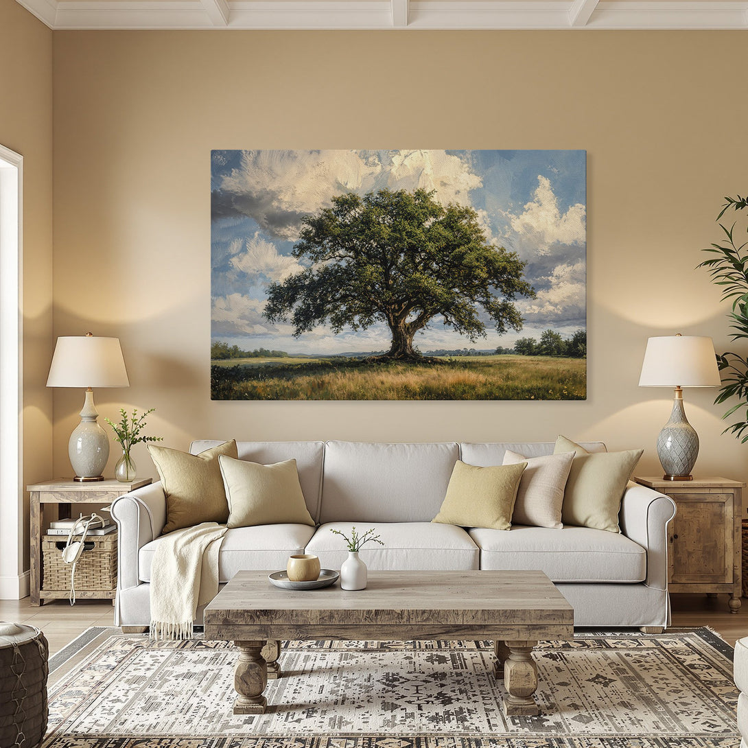 Framed Wall Art: Majestic tree landscape painting with blue sky & green foliage. Earthy tones create a calming aesthetic. Perfect for any room.