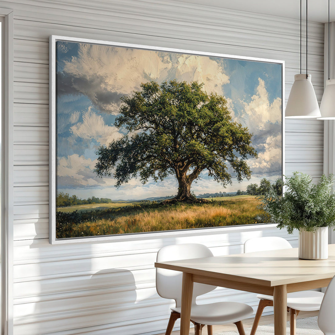Framed Wall Art: Landscape painting of a majestic tree with a blue sky and green and gold color palette, perfect for home decor.
