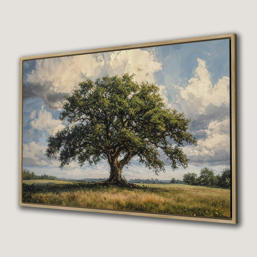 Framed Wall Art: Majestic tree landscape canvas print. Rustic style with green, blue, and earthy tones. Perfect for adding nature-inspired art to your home.