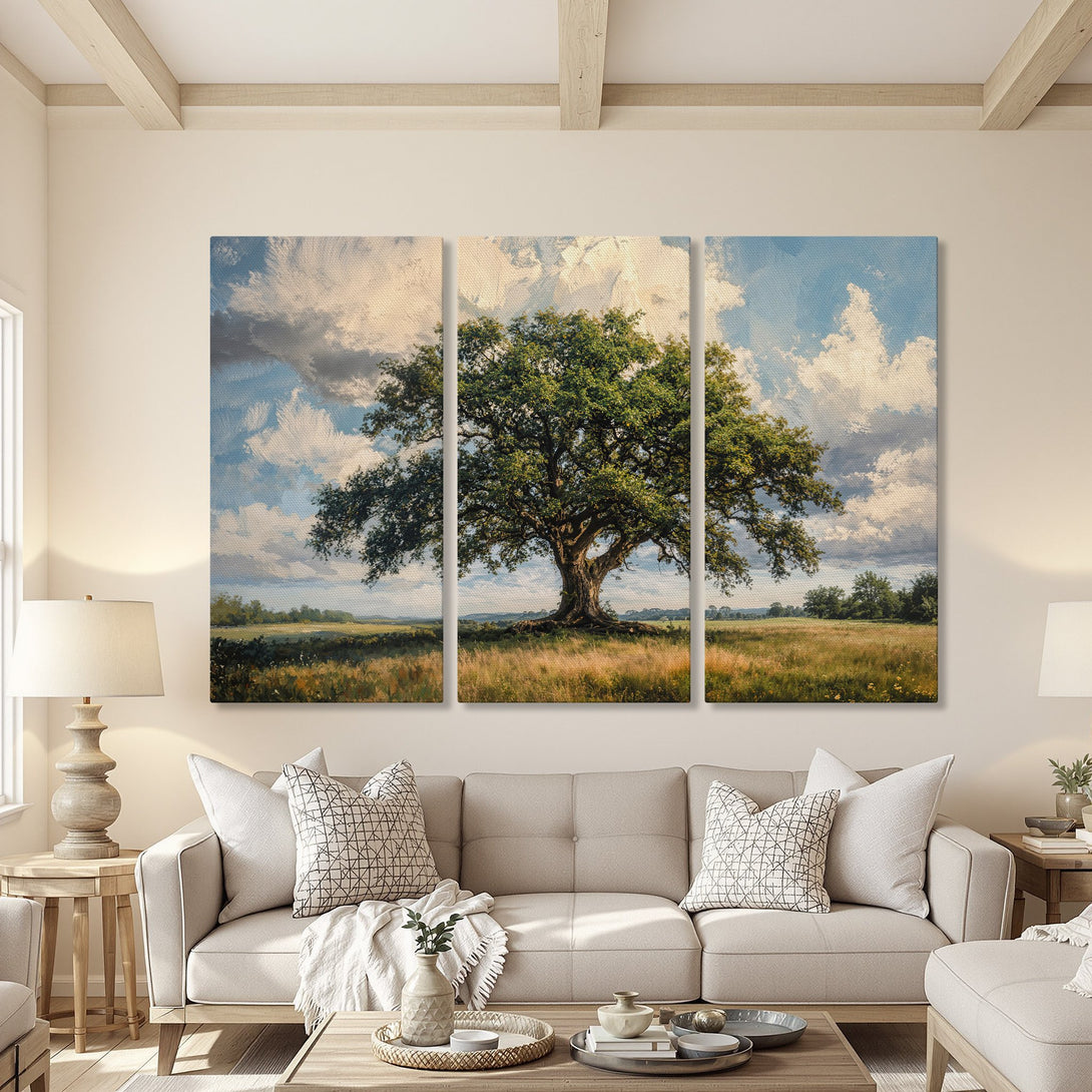 Canvas Print of a majestic tree in a field, displayed in a living room. Impressionistic style with a warm, natural color palette.