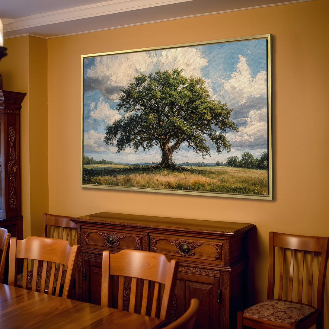 Canvas Print of a majestic tree in a field, showcasing a warm, inviting color palette. Perfect for adding a touch of nature to your living space.