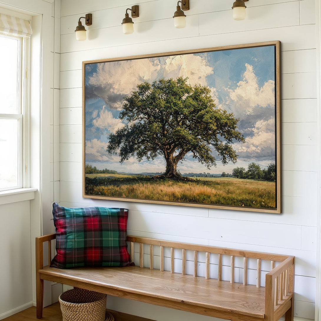 Framed Wall Art featuring a serene landscape with a large tree. Earthy tones of green, brown, and blue create a calming atmosphere. Perfect for rustic decor.