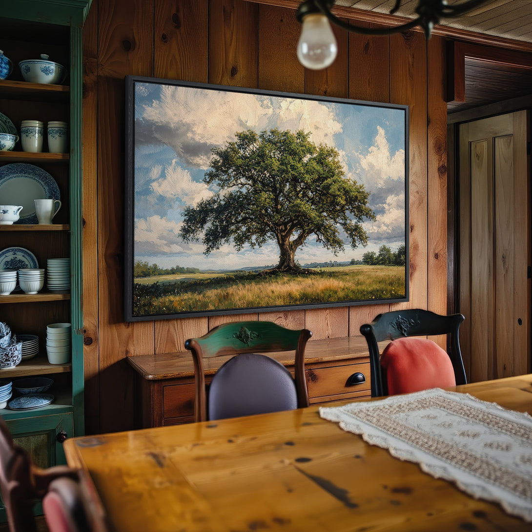 Framed Wall Art: Landscape Canvas Print of a tree in a field. Rustic style with a warm, natural color palette. Perfect for home decor.