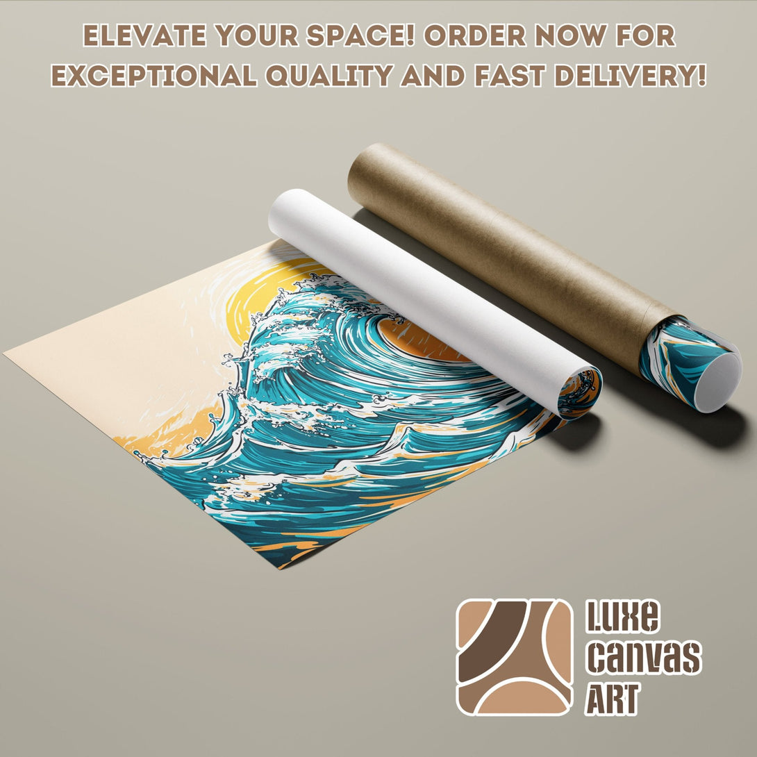 Poster Roll featuring a stylized ocean wave in teal, yellow, and beige. Perfect wall art!