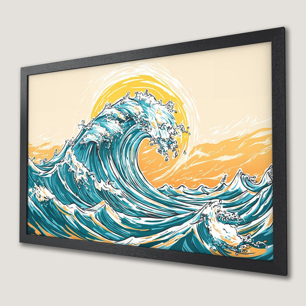 Framed Poster featuring a stylized wave illustration in teal, yellow, and orange. Perfect wall art for a coastal vibe!