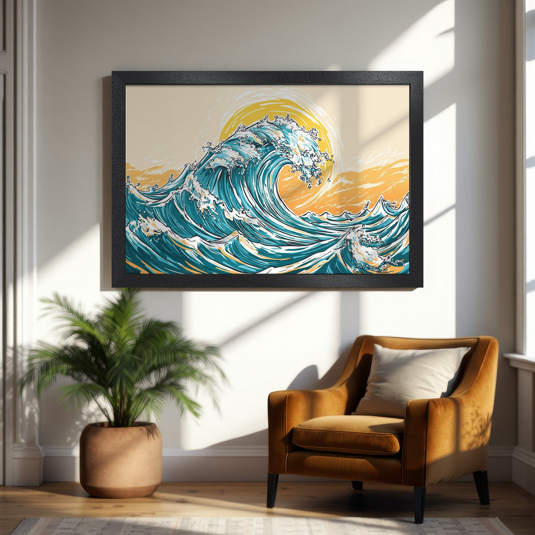 Framed Poster of a stylized ocean wave in teal and yellow. A beautiful art print to elevate any space.