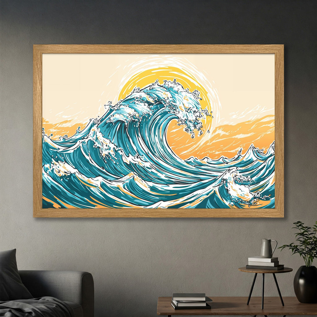 Framed Poster of a stylized wave with a sun in a teal and orange color palette, perfect wall art for any room.