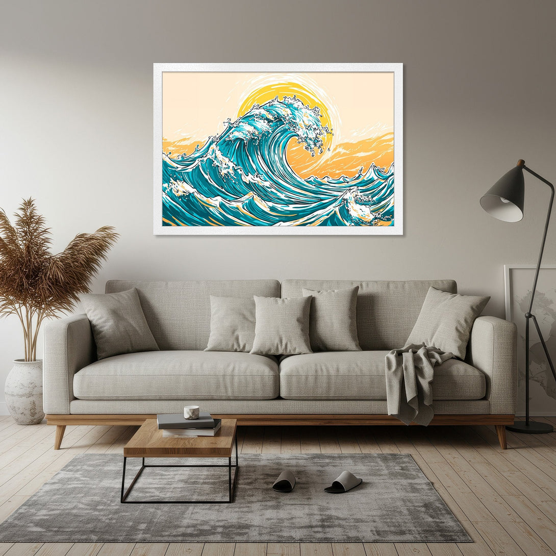 Framed Poster featuring a stylized wave in teal and yellow, perfect for adding a touch of art and color to your space.