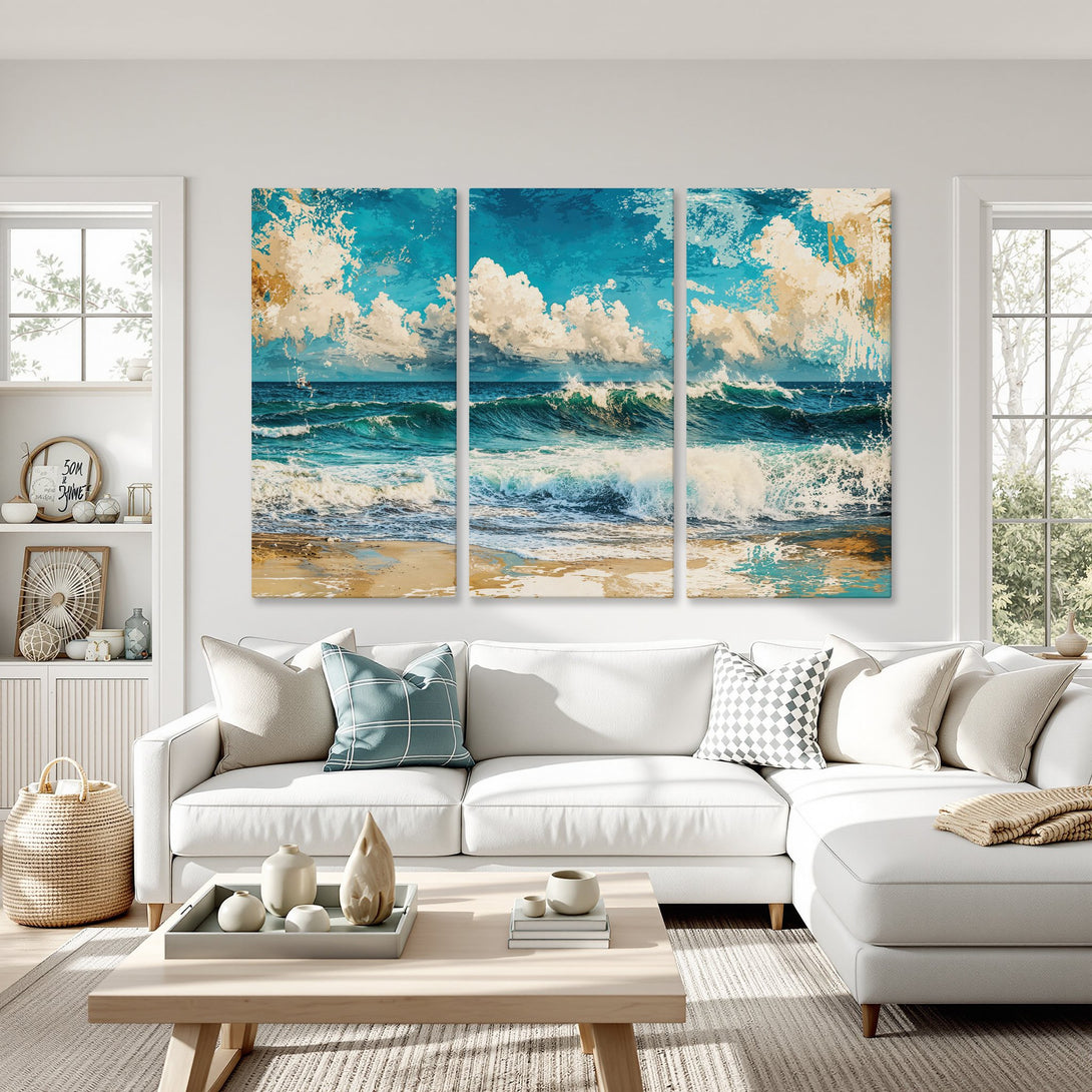 Canvas Print: Coastal abstract art of ocean waves in blue and white tones. Perfect for adding a serene touch to your home decor.