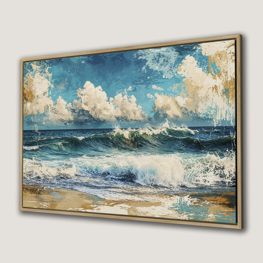 Framed Wall Art: Ocean waves canvas print. Coastal art with blue, teal, and beige color palette. Perfect beach house decor.