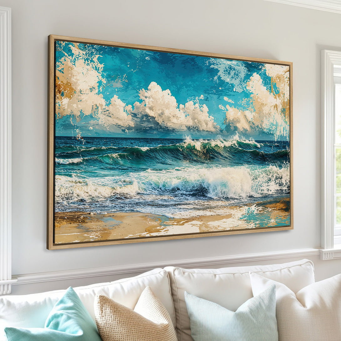 Framed Wall Art: Abstract ocean waves in teal, blue, and gold. Coastal style canvas print adds a calming touch to any space. Shop now!