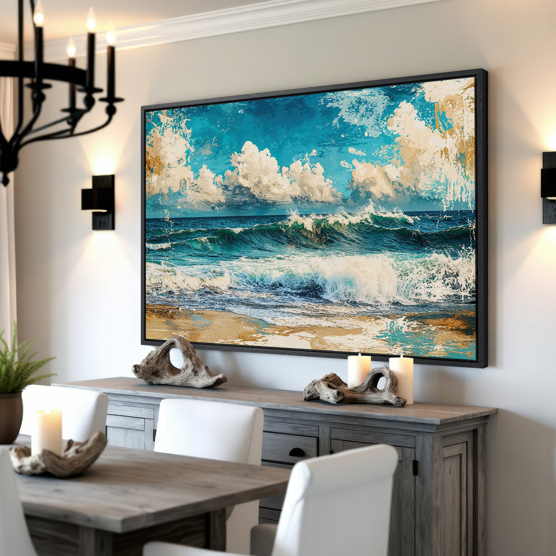 Framed Wall Art: Ocean waves canvas print in blue, teal, and gold. Coastal artwork adds a serene touch to any dining room.