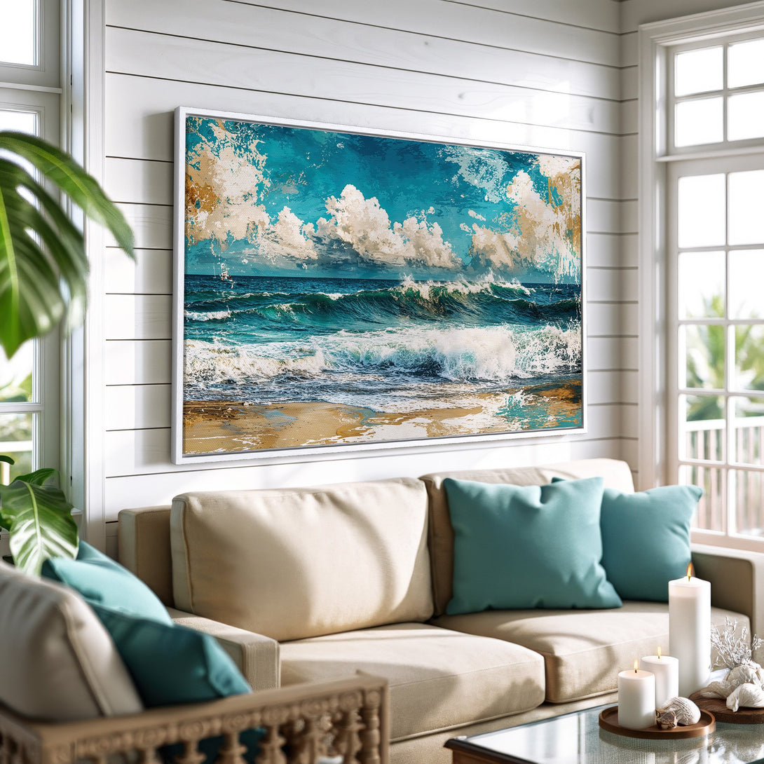 Framed Wall Art: Coastal waves painting in blue, teal, and gold, displayed in a cozy living room. Enhance your home decor with this beautiful Canvas Print.