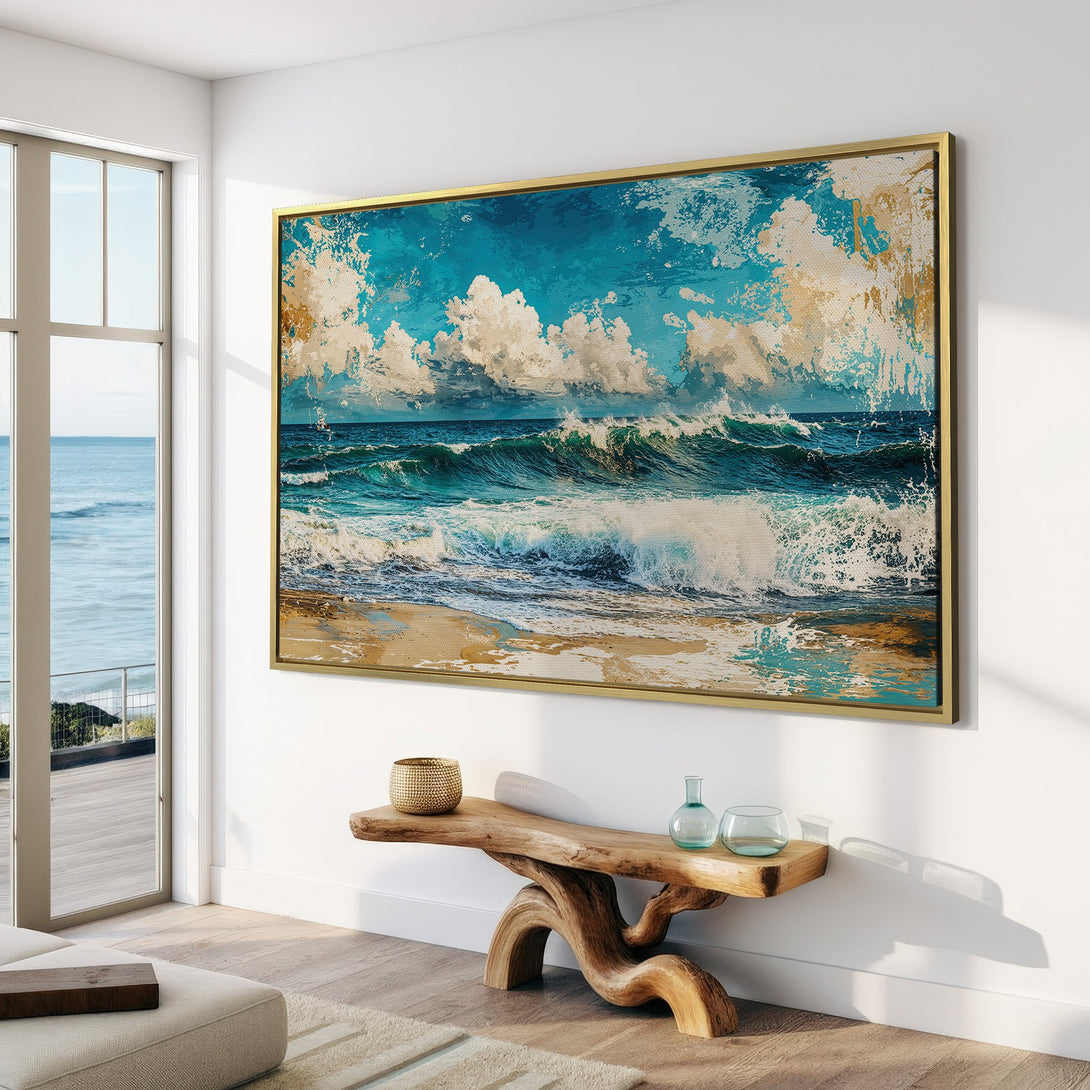 Canvas Print of ocean waves in blue and gold, displayed in a modern interior. Coastal art for a serene living space.