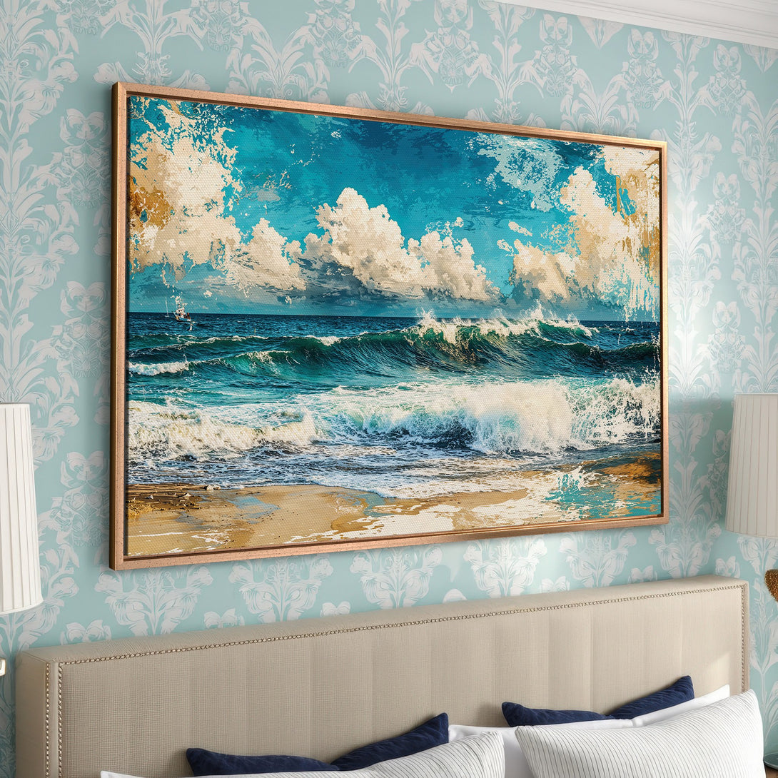 Framed Wall Art: Coastal waves Canvas Print in blue, turquoise, and gold. Modern ocean art for bedroom decor.
