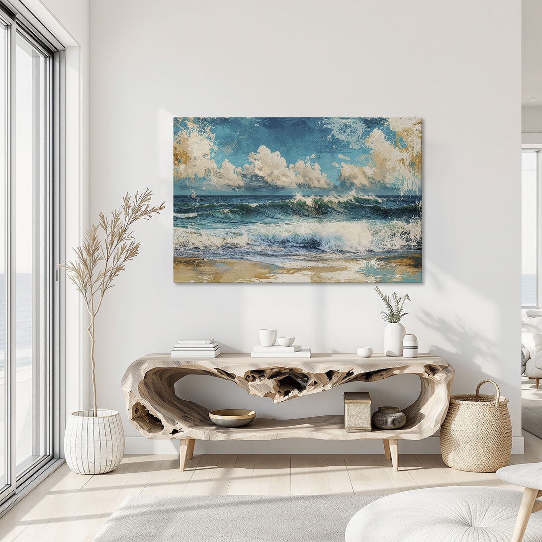 Framed Wall Art: Abstract ocean wave painting in blue, teal, and gold. Coastal artwork adds a touch of serenity to any space.