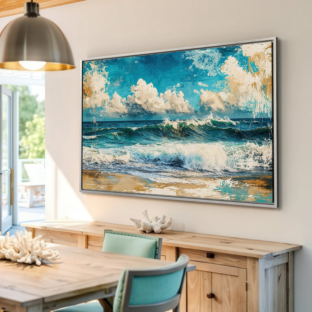 Framed Wall Art: Abstract ocean waves Canvas Print in blue, turquoise, and gold. Coastal art for a serene home decor.