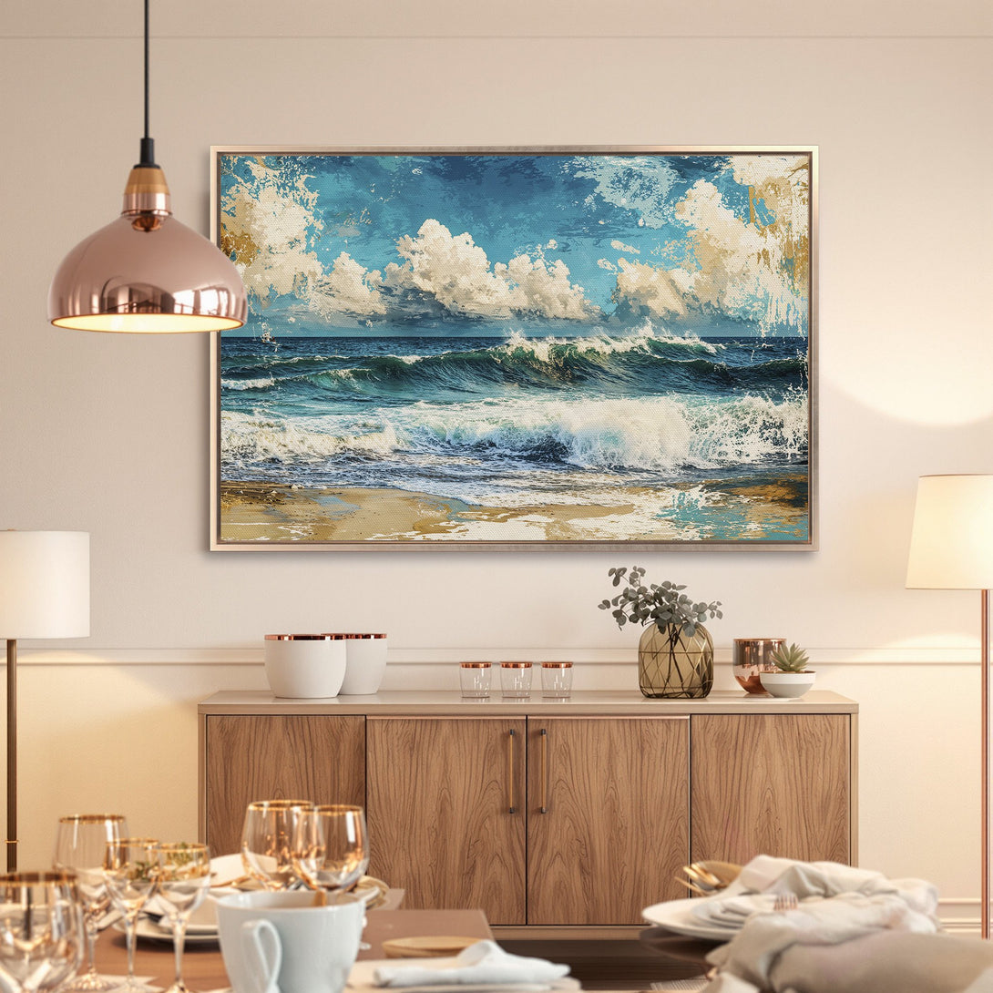 Framed Wall Art: Abstract ocean waves Canvas Print in blue & gold. Add coastal vibes to your home decor!