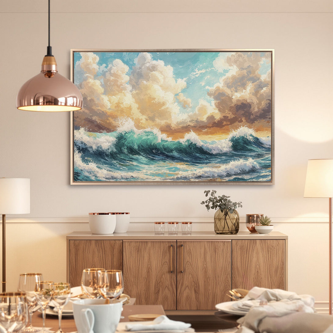 Framed Wall Art: Dramatic ocean wave painting with teal, gold, and blue hues. Coastal art for a serene home. Canvas Print available.