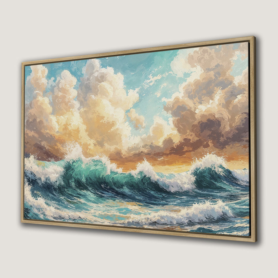 Framed Wall Art of ocean waves. Coastal artwork in teal, blue, and gold. Bring the beach to your home with this stunning Canvas Print.