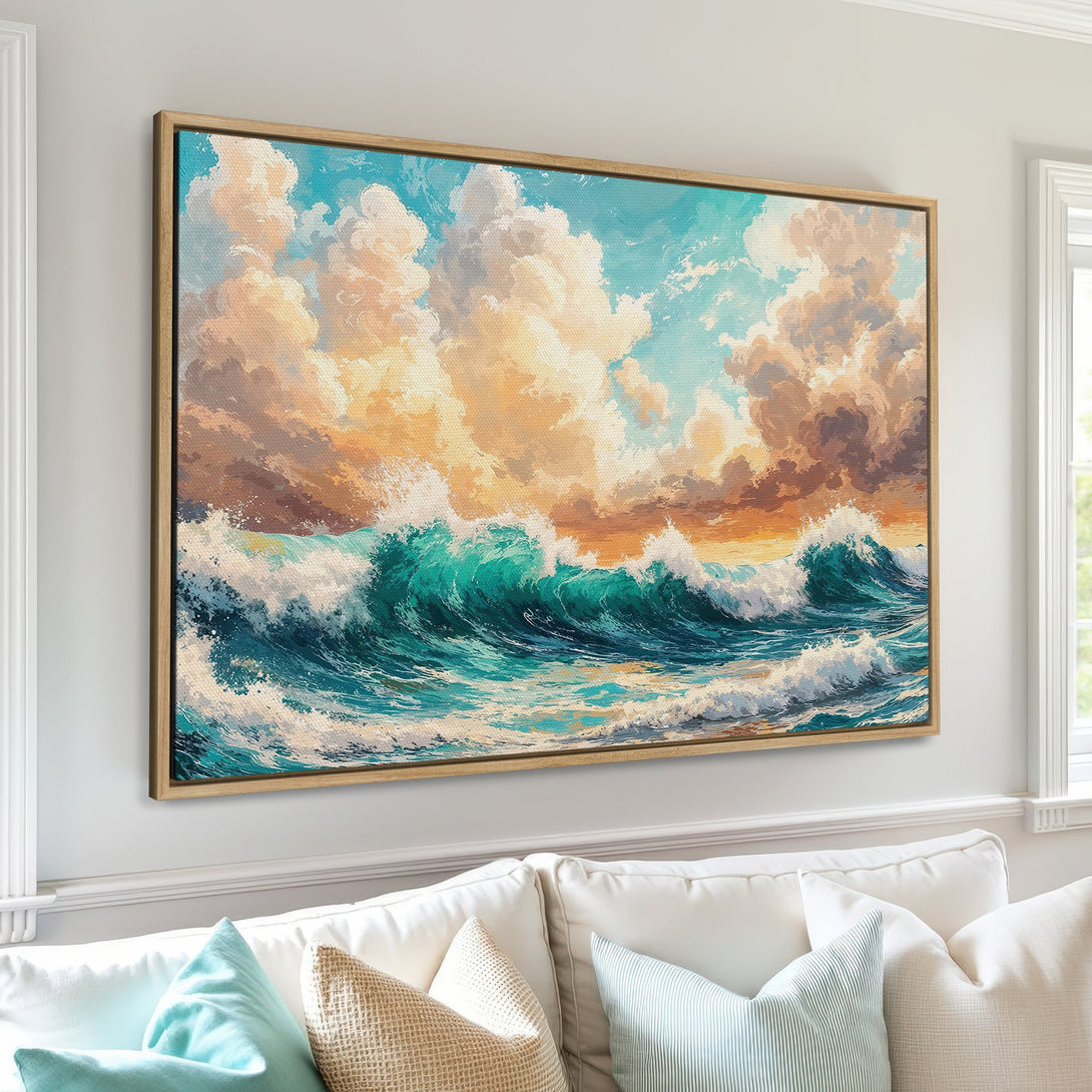 Framed Wall Art: Coastal waves painting in vibrant teal, blue, and gold hues. Bring the ocean's beauty into your home with this stunning artwork.
