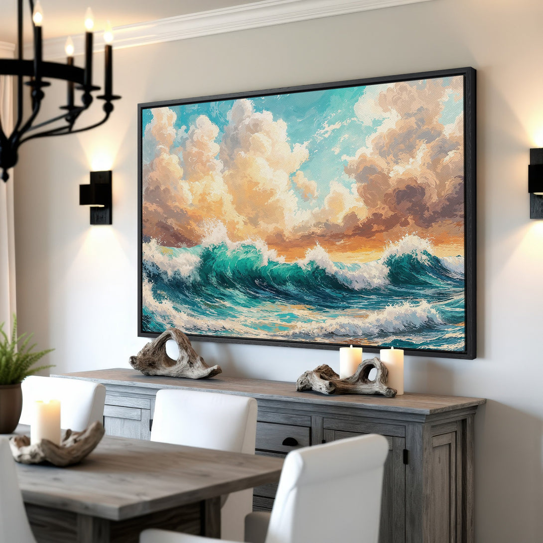 Framed Wall Art: Ocean waves canvas print in a dining room. Coastal art with teal, blue, and gold color palette. Add a touch of serenity to your home!