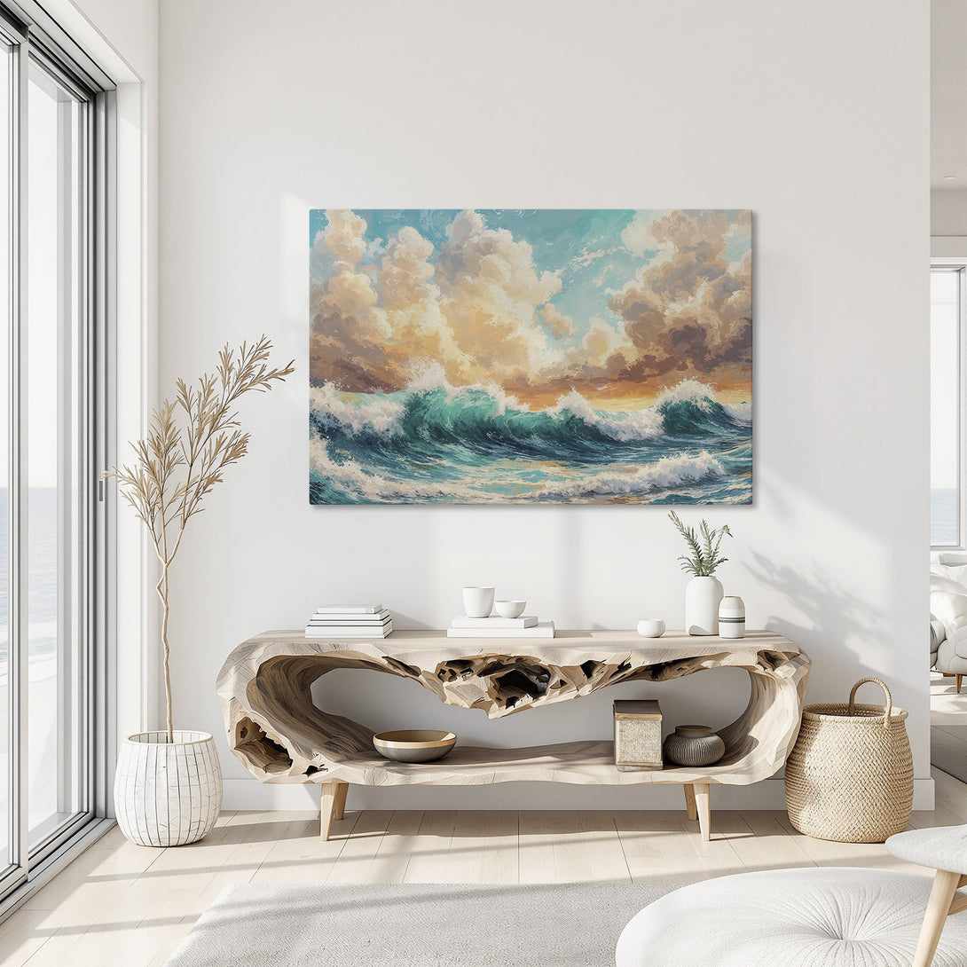 Framed Wall Art: Ocean wave painting in teal, gold, and sunset hues. Coastal art for a serene home. Bring the beach indoors with this canvas print.
