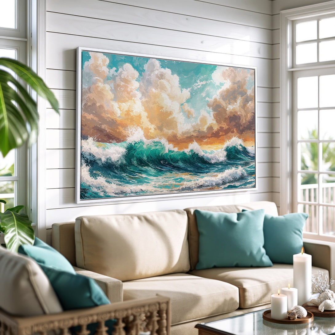 Framed Wall Art: Coastal wave painting in teal, gold, & blue. Perfect for beach house decor. Adds a touch of serenity to any living room.