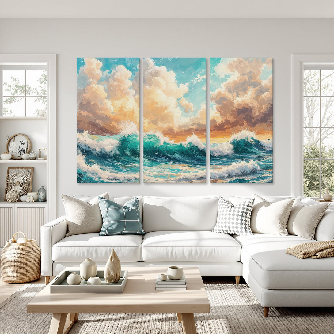 Canvas Print of a vibrant ocean wave painting in a coastal-inspired living room. Features blue, teal, and golden hues. Perfect wall art!
