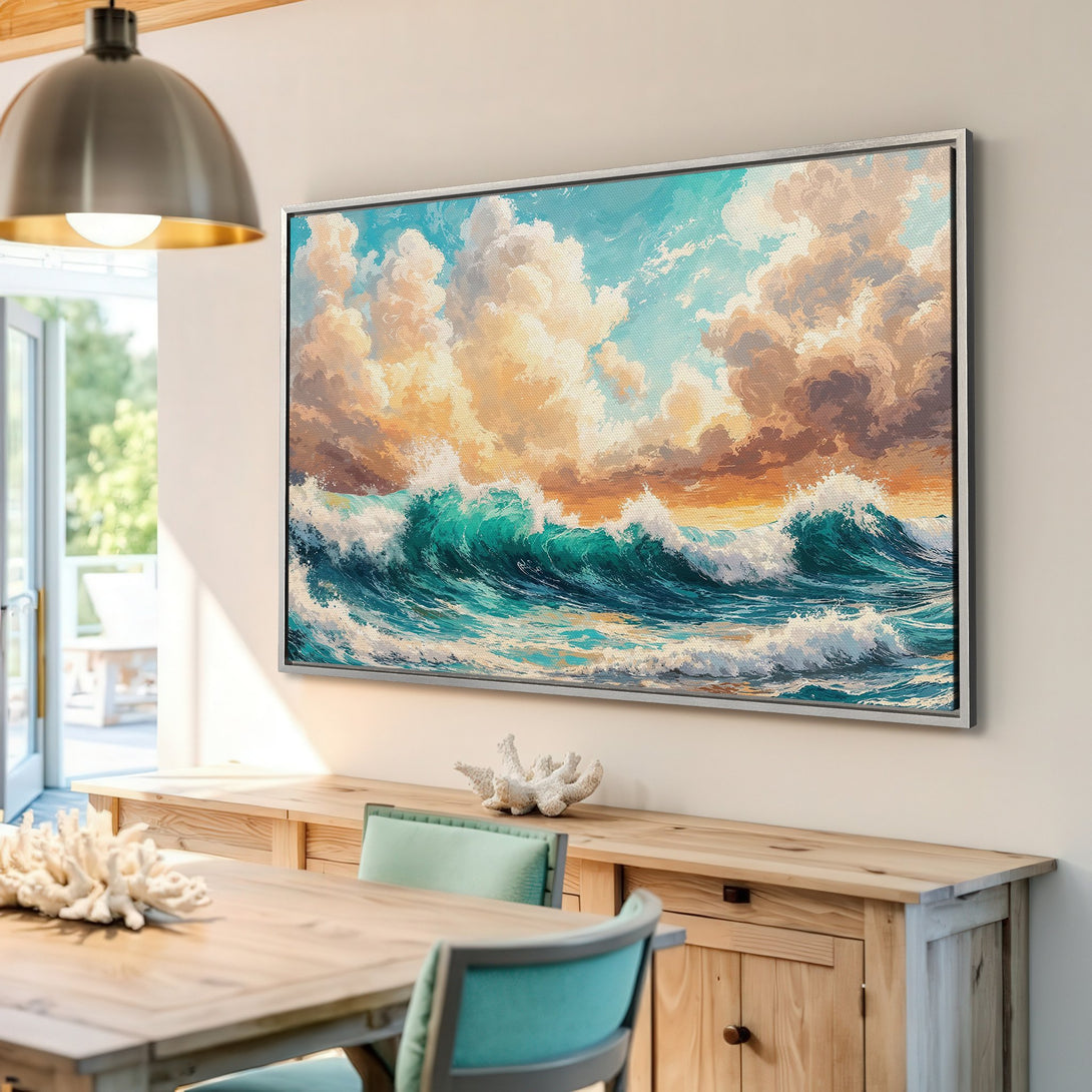 Framed Wall Art: Coastal waves canvas print with a vibrant blue, teal, and gold color palette. Perfect for adding a touch of ocean-inspired art to your home.